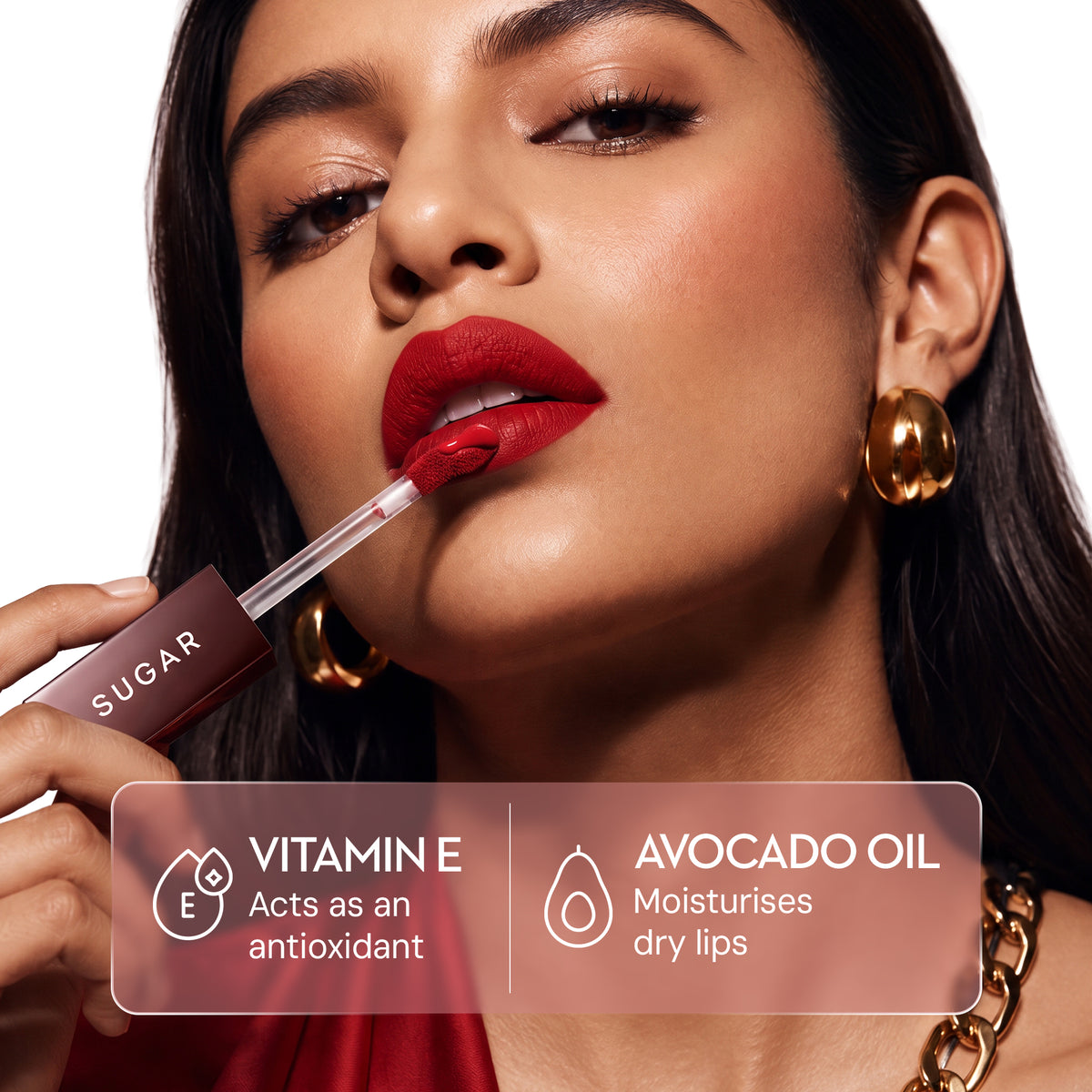 Model wearing SUGAR Mettle Liquid Lipstick, infused with vitamin E and avocado oil