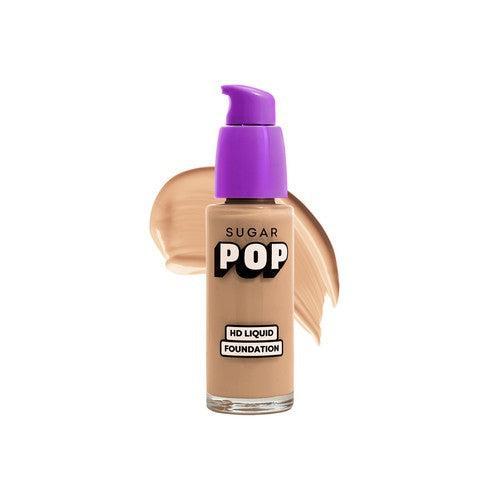 SUGAR POP HD Liquid Foundation bottle in 15 Fig (Medium Deep, Warm Undertone) with swatch