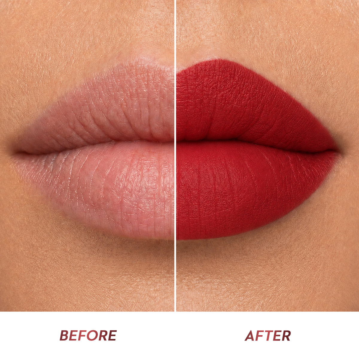 Before and after comparison of lips wearing SUGAR Mettle Liquid Lipstick