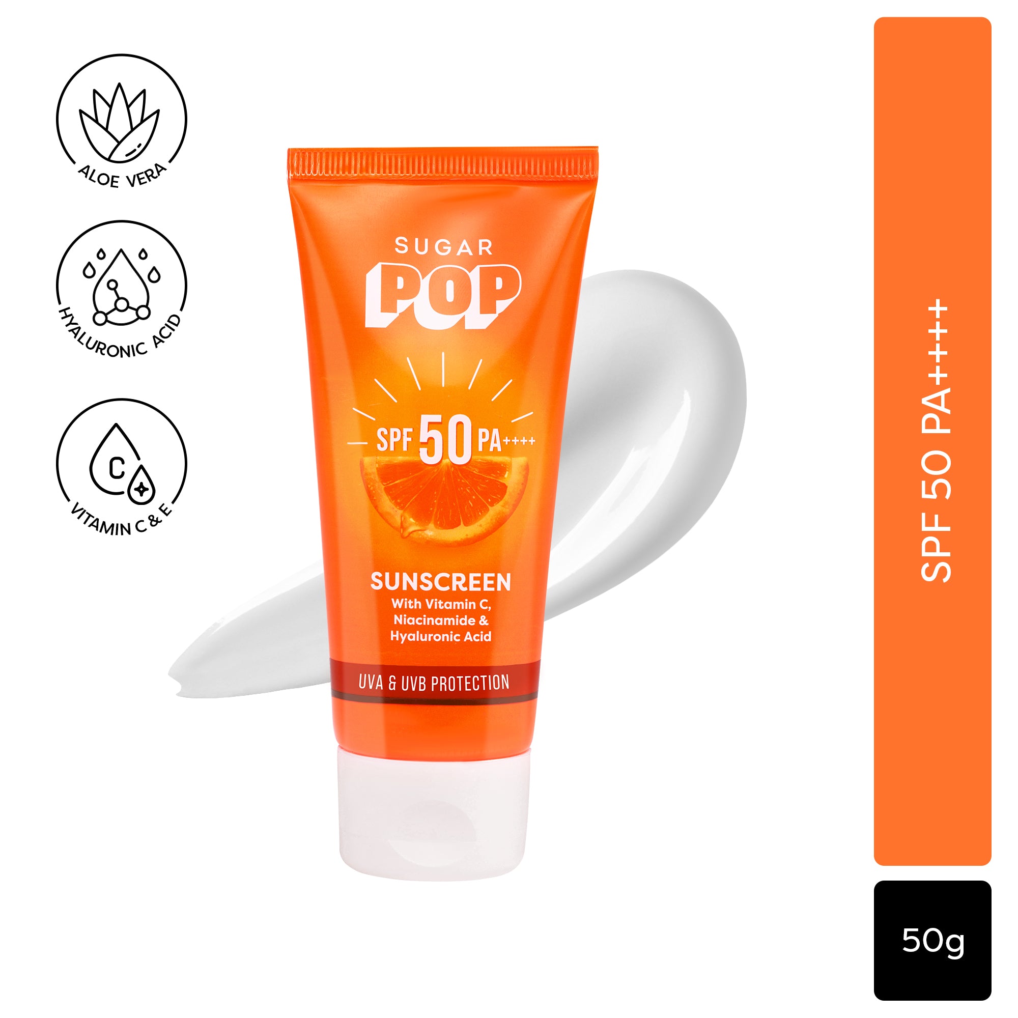 SUGAR POP SPF 50 Sunscreen With Vitamin C, Niacinamide & Hyaluronic Acid (50 gm)