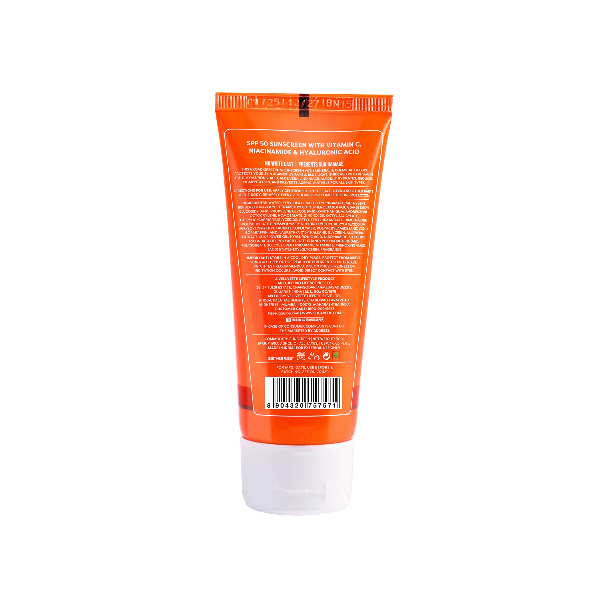 SUGAR POP SPF 50 Sunscreen With Vitamin C, Niacinamide & Hyaluronic Acid (30 gm)