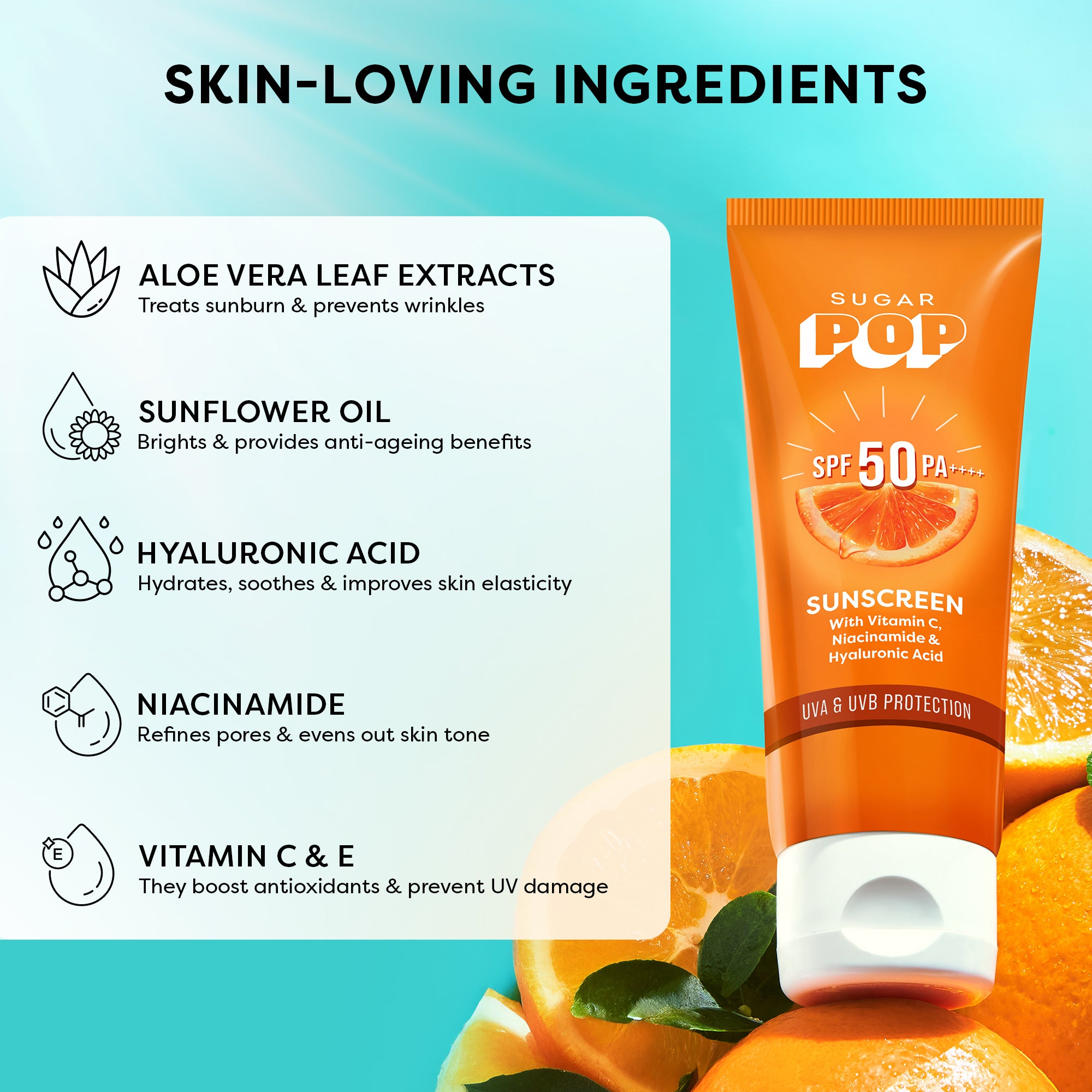 SUGAR POP SPF 50 Sunscreen With Vitamin C, Niacinamide & Hyaluronic Acid (50 gm)