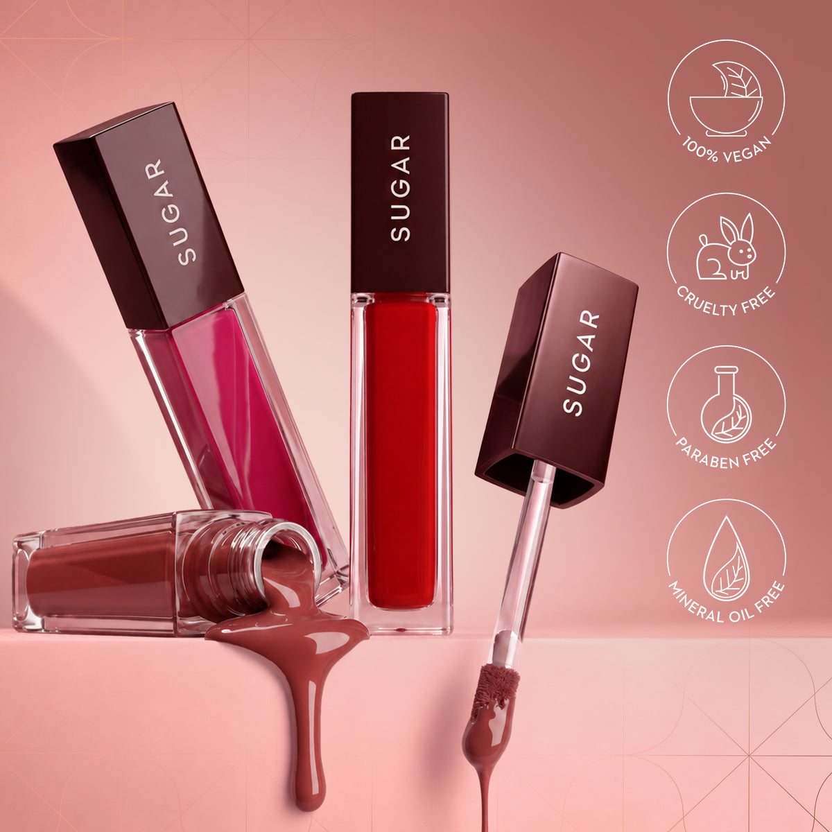 SUGAR Mettle Liquid Lipstick tubes with formula benefit icons