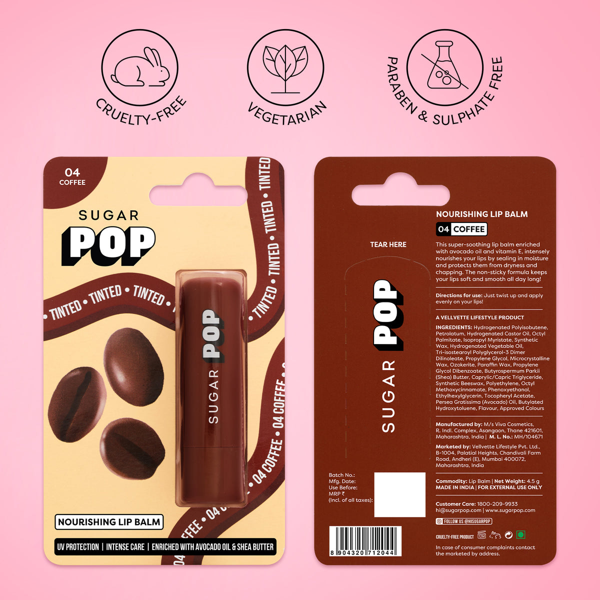 SUGAR POP Nourishing Lip Balm in 04 Coffee, front and back of pack