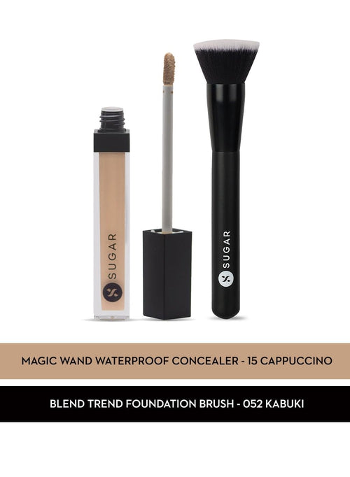 SUGAR Magic Wand Waterproof Concealer - 15 Cappuccino + Blend Trend Foundation Brush - 052 Kabuki