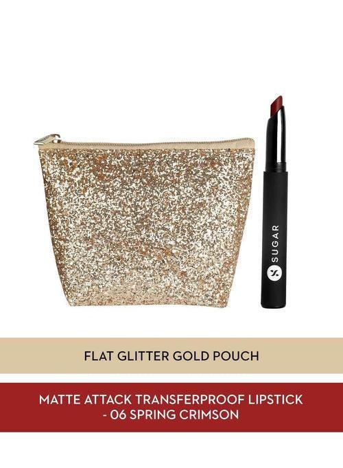 SUGAR Matte Attack Transferproof Lipstick - 06 Spring Crimson + SUGAR Flat Glitter Gold Pouch