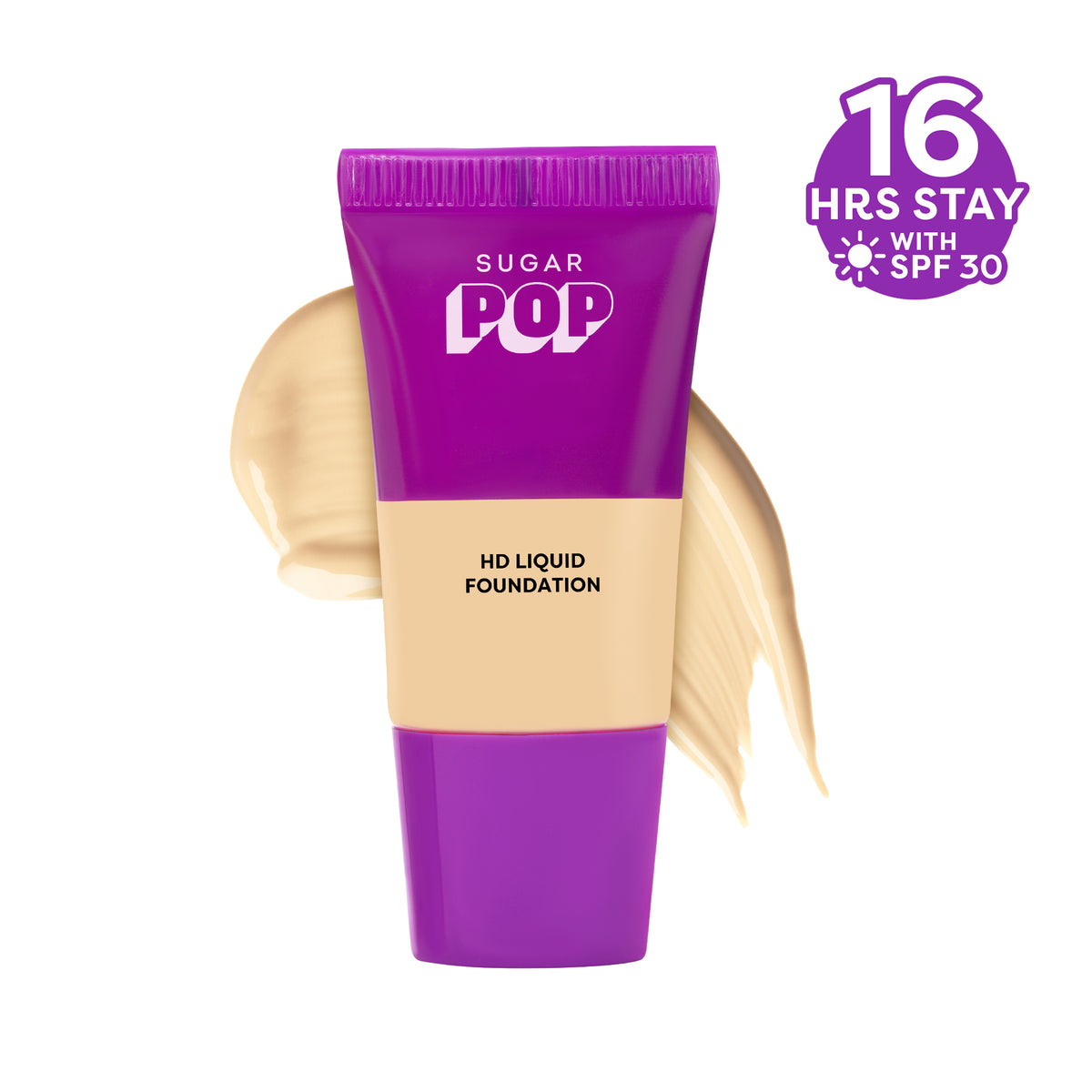 SUGAR POP HD Liquid Foundation tube in 01 Hazelnut with swatch