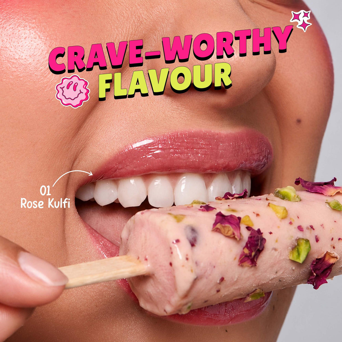 Lips wearing SUGAR POP Treats Juicy Glaze Lip Treatment in 01 Rose Kulfi